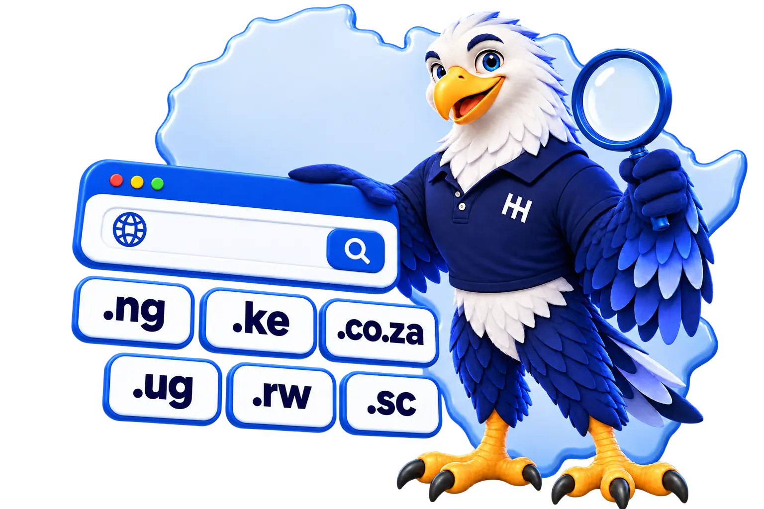 An Africa map framing the HoganHost eagle and .ng, .ke, .co.za, .ug, .rw and .sc domain tiles.